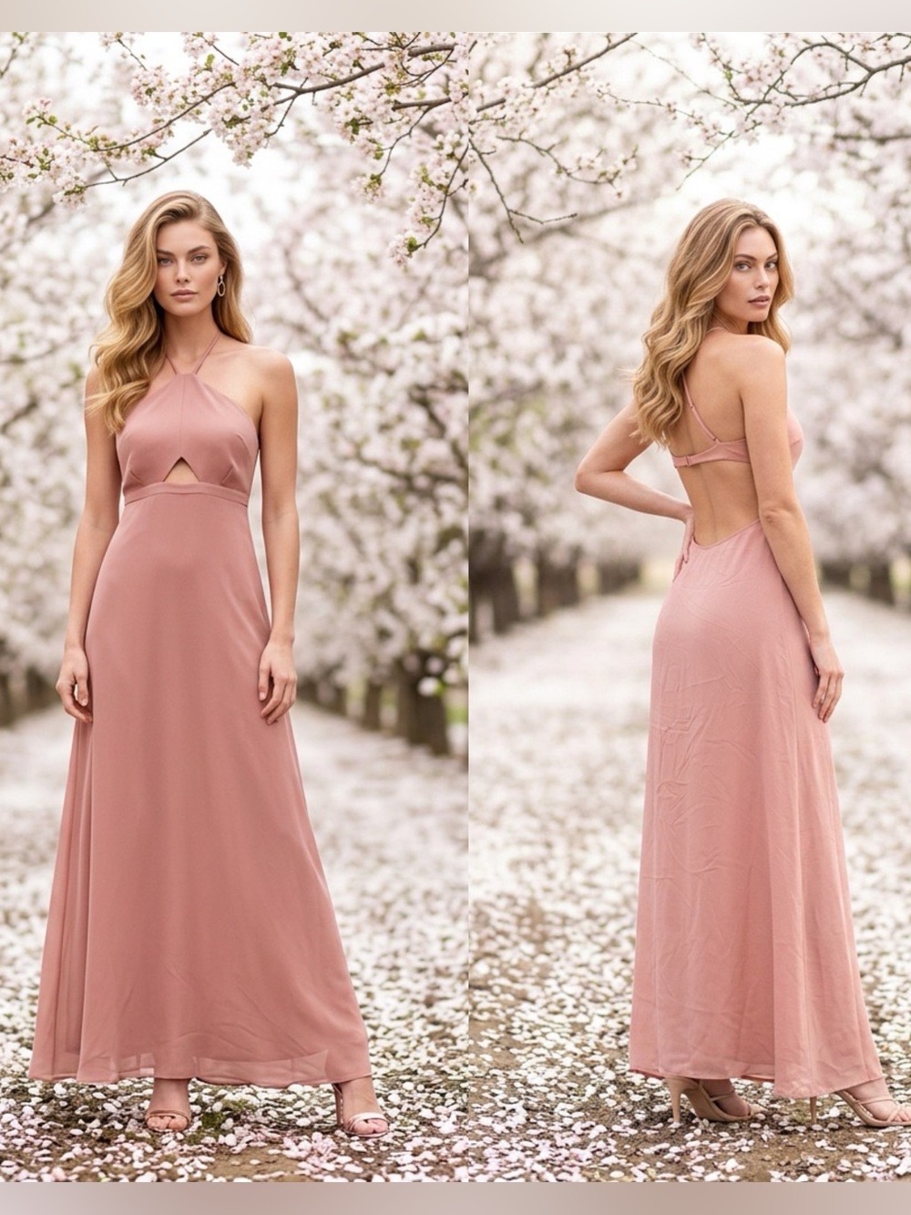 TAVIK Kensington Cutout Maxi Dress Rose Dawn Pink Open Back Halter NWT Small
